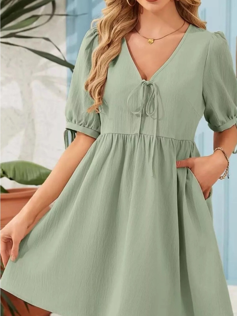 V-Neck Tie-Front Mini Dress in Light Sage -
